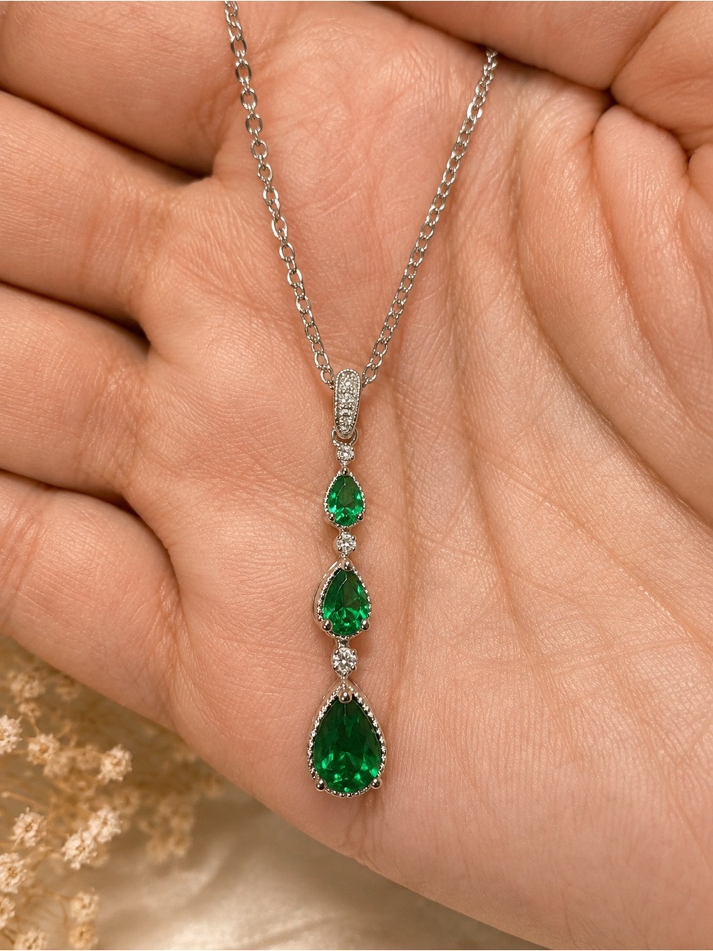 Sterling Silver 925 Green Teardrop Cascade Necklace - Women Jewelry